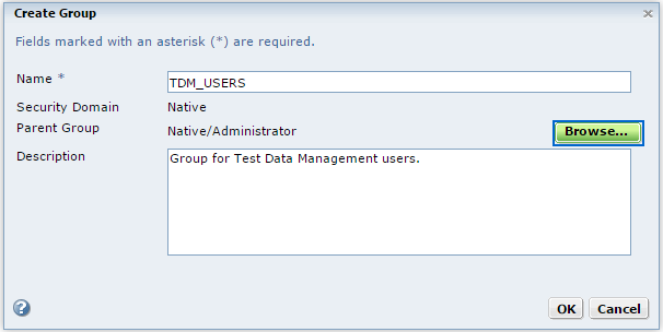 The Create Group dialog box contains fields to enter the group name and select a parent group.