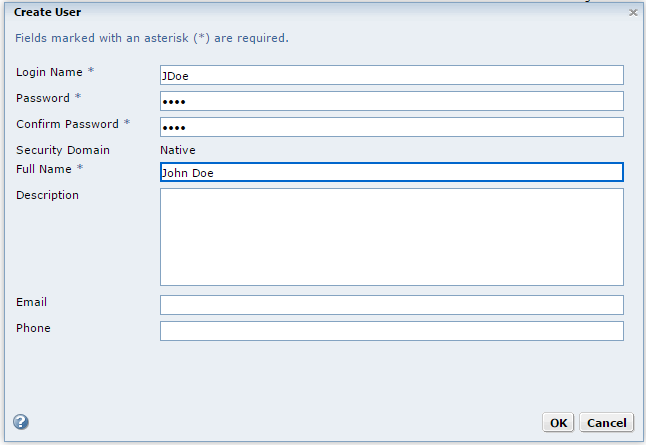The Create User dialog box contains fields to enter the login name, password and user information.