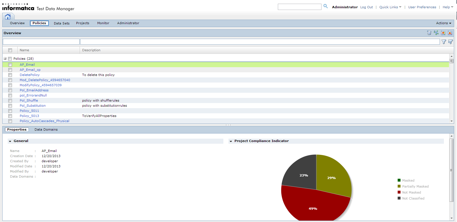 The Test Data Manager window displays the following views: Overview, Policies, Projects, Monitor, and Administrator. The Search field and the Actions menu are on the upper right of the window. The Policies view is displayed and a policy is selected from the list of policies in the Contents panel. The panel below the Contents panel is the Details panel. The Details panel contains Properties and Data Domains tabs. The Properties tab shows the general properties of the selected policy.