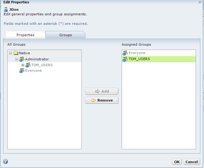 The Edit Properties dialog box contains the Properties and Groups tabs. The Groups tab is selected on the screen. The Groups tab contains a list of groups and a list of assigned groups.
