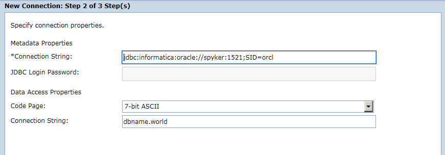 The New Connection dialog box shows metadata properties and data access properties. The Connection String field shows the data that you entered in the task.