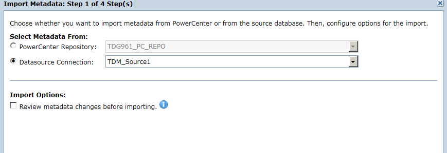 The Import Metadata dialog box shows the options to select the metadata from. The Datasource Connection option is selected on the screen.