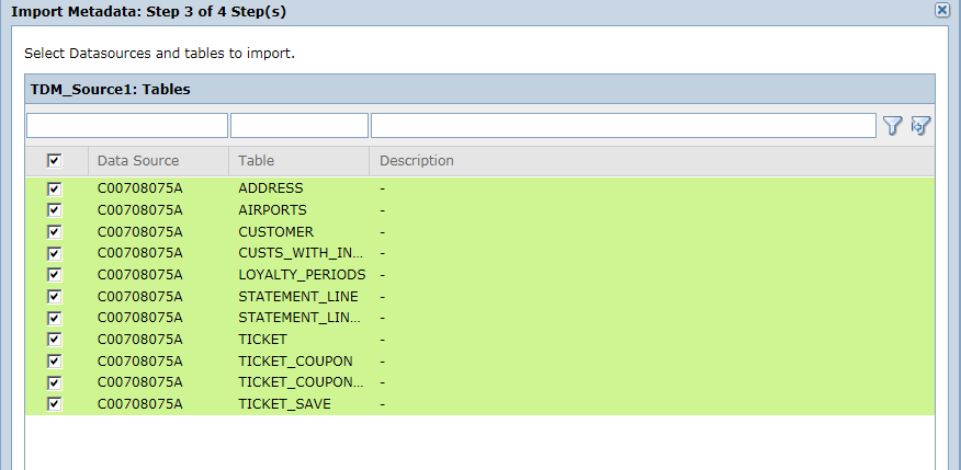 The Import Metadata dialog box shows the list of tables within the data source C00708075A.