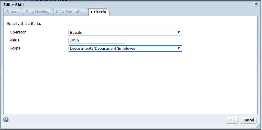 The Criteria tab in the Edit dialog box contains fields to choose the operator, value, and scope for data subset criteria.