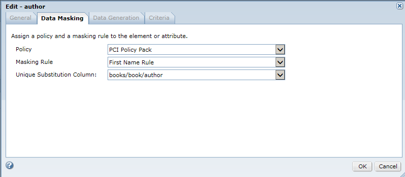 The Edit dialog box shows the Data Masking tab. A policy and a masking rule is applied to an XML element.