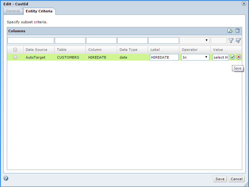 The Entity Criteria tab in the Edit Entity dialog box contains fields to select the operator and enter the value for the criteria. The IN operator is selected and the select clause is entered in the value field.