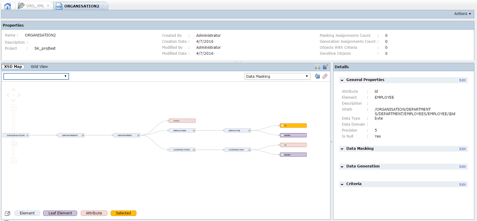 The XSD file page contains a Properties tab, Map or Grid view, and a Details tab. You can edit the properties and apply data subset criteria, data masking rules, and data generation rules from the Details tab.