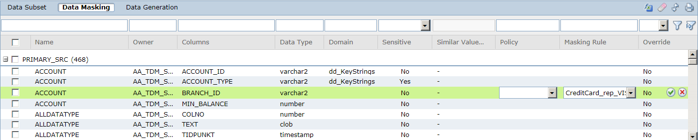 The Data Masking view shows a credit card masking rule assigned to a column.