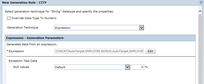 The New Generation Rule dialog box shows the expression and null values that you can create to generate test data.