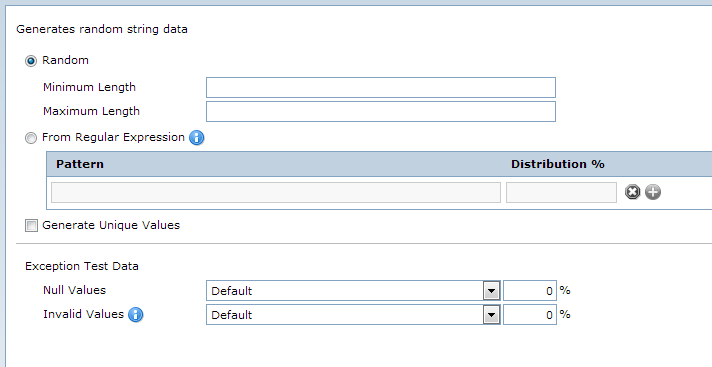 The random generation parameters are minimum length, maximum length, pattern, distribution percent, generate unique values, null values, and invalid values.
