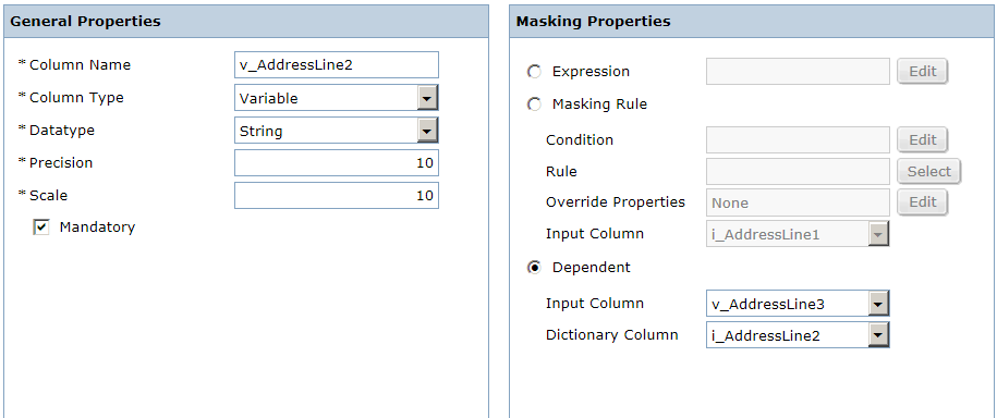 The left pane shows the general properties and the right pane shows the masking properties for the v_AddressLine2 variable column.