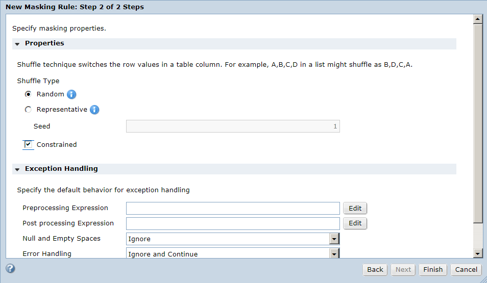 The New Masking Rule dialog box shows shuffle masking properties and exception handling options. The properties display the information that you selected in the task. There are no exception handling parameters.