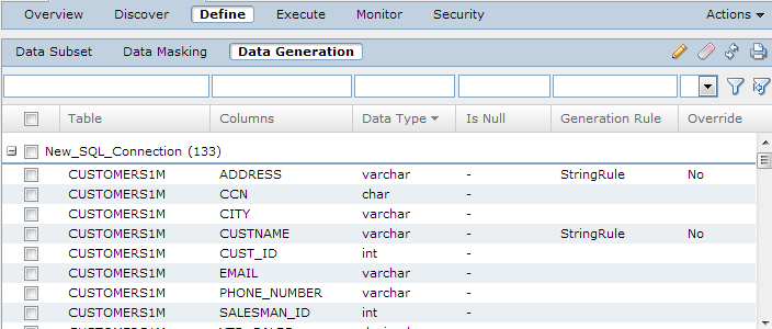 The Data Generation view contains table, column, data type, is null, generation rule, and override columns.