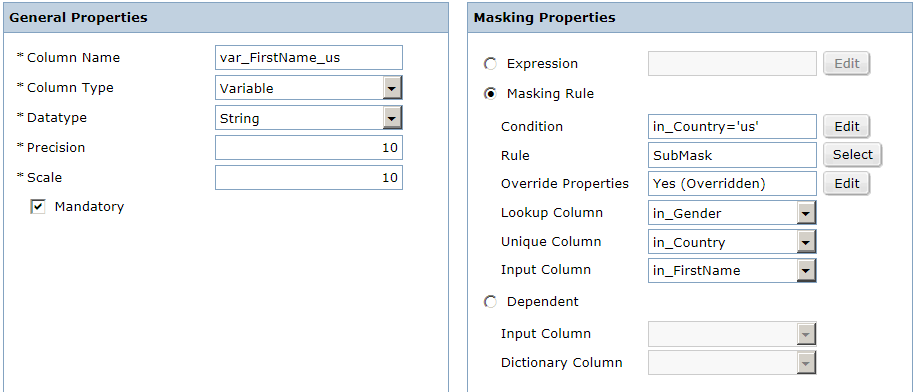 The left pane shows the general properties and the right pane shows the masking properties for the var_FirstName_us variable column.