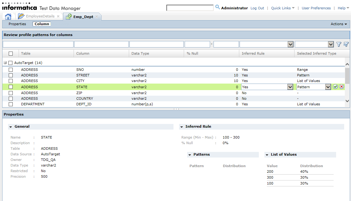 The Column tab lists the column profiles that you can review and select for each column type. The Inferred Rule type properties are displayed in the lower pane.