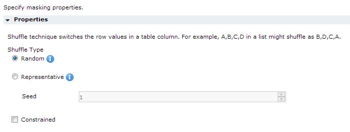 The shuffle masking parameters are the random or representative shuffle type, seed number, and the constrained option.