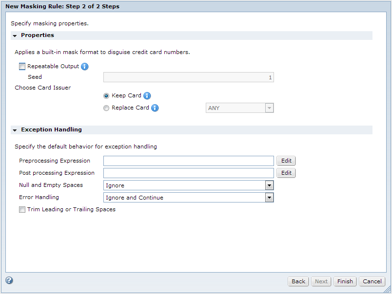 The New Masking Rule dialog box contains Credit Card masking rule properties and exception handling options. The masking properties contain repeatable output, seed value, and card issuer options. The exception handling parameters include preprocessing expression, post processing expression, null and empty spaces, error handling, and trim leading or trailing spaces option.