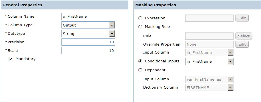 The left pane contains general properties and the right pane contains masking properties for the o_FirstName output column.