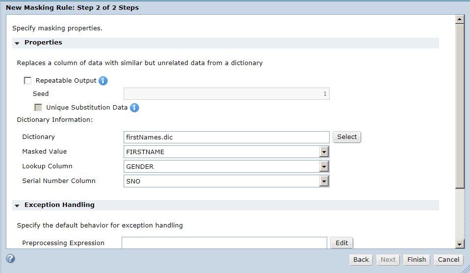 The New Masking Rule dialog box contains substitution masking properties and exception handling options. The properties display dictionary information that you entered in the task. There are no exception handling parameters.