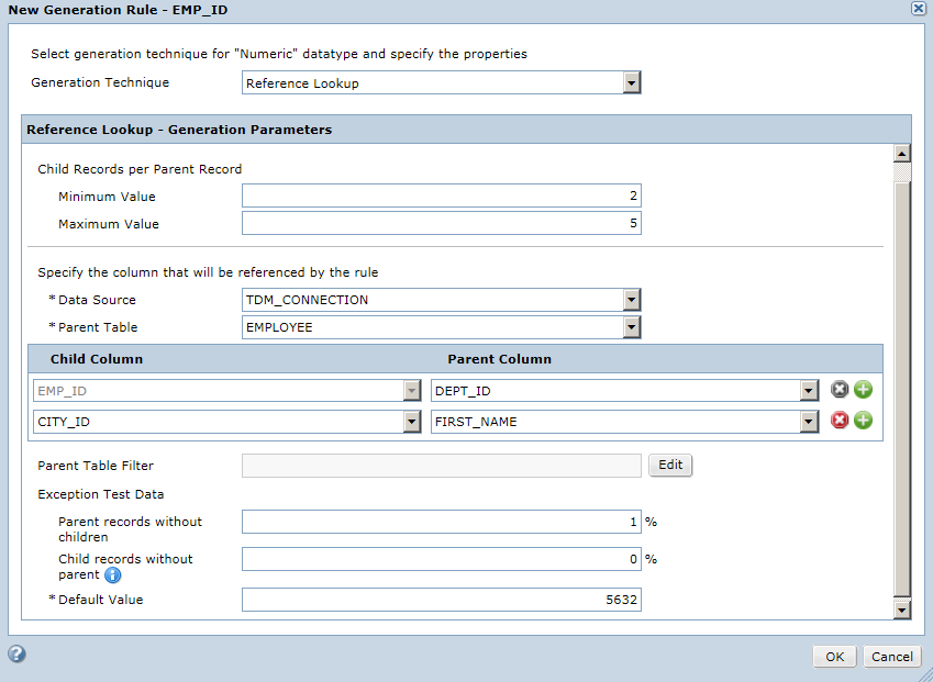 The reference lookup parameters are minimum value, maximum value, data source, parent table, child column, parent column, lookup condition, parent records wtithout children, and child records without parent.