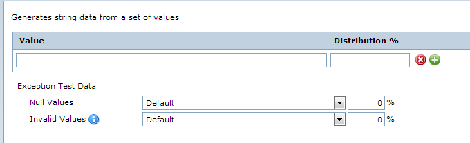 The set of values parameters are value, distribution percent, null values, and invalid values.