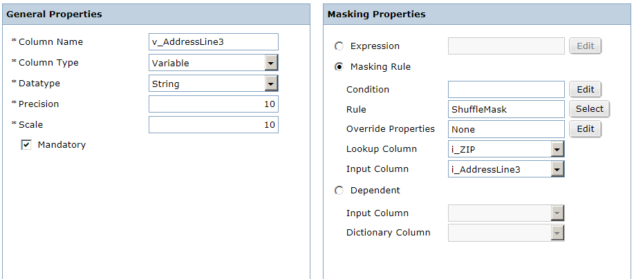 The left pane shows the general properties and the right pane shows the masking properties for the v_AddressLine3 variable column.