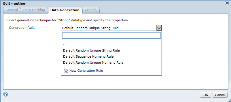 The Edit dialog box shows the Data Generation tab. A list of applicable data generation rules are displayed.