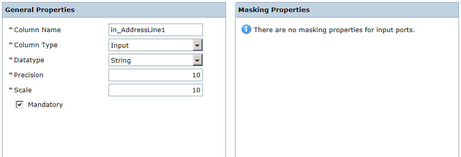 The left pane show the general properties for the i_AddressLine1 input column. There are no masking properties for input columns.