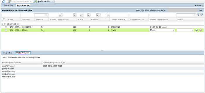 The data domain discovery results show the table name, column name, data conformance percentage, null value percentage, patterns, column name match, current data domain, profiled data domain, and status. The lower pane contains Properties and Data Preview tabs. The Data Preview tab shows the preview of data values.