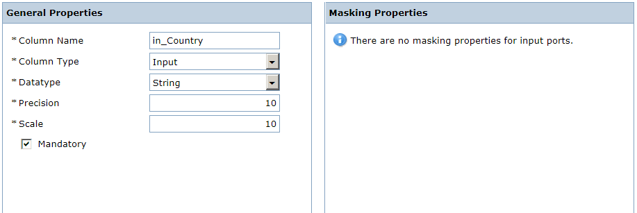 The left pane shows the general properties for the in_Country input column. There are no masking properties for input columns.