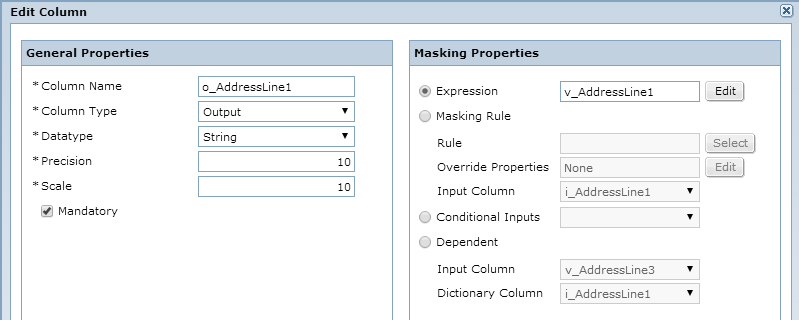 The left pane contains general properties and the right pane contains masking properties for the o_AddressLine1 output column.