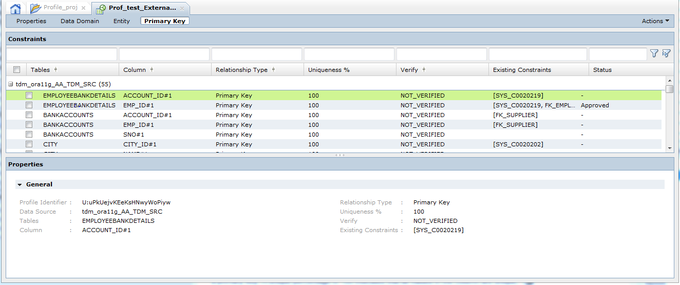 The primary key profile results view shows the column, relationship type, uniqueness percentage, verification status, existing constraints, and status of the tables.