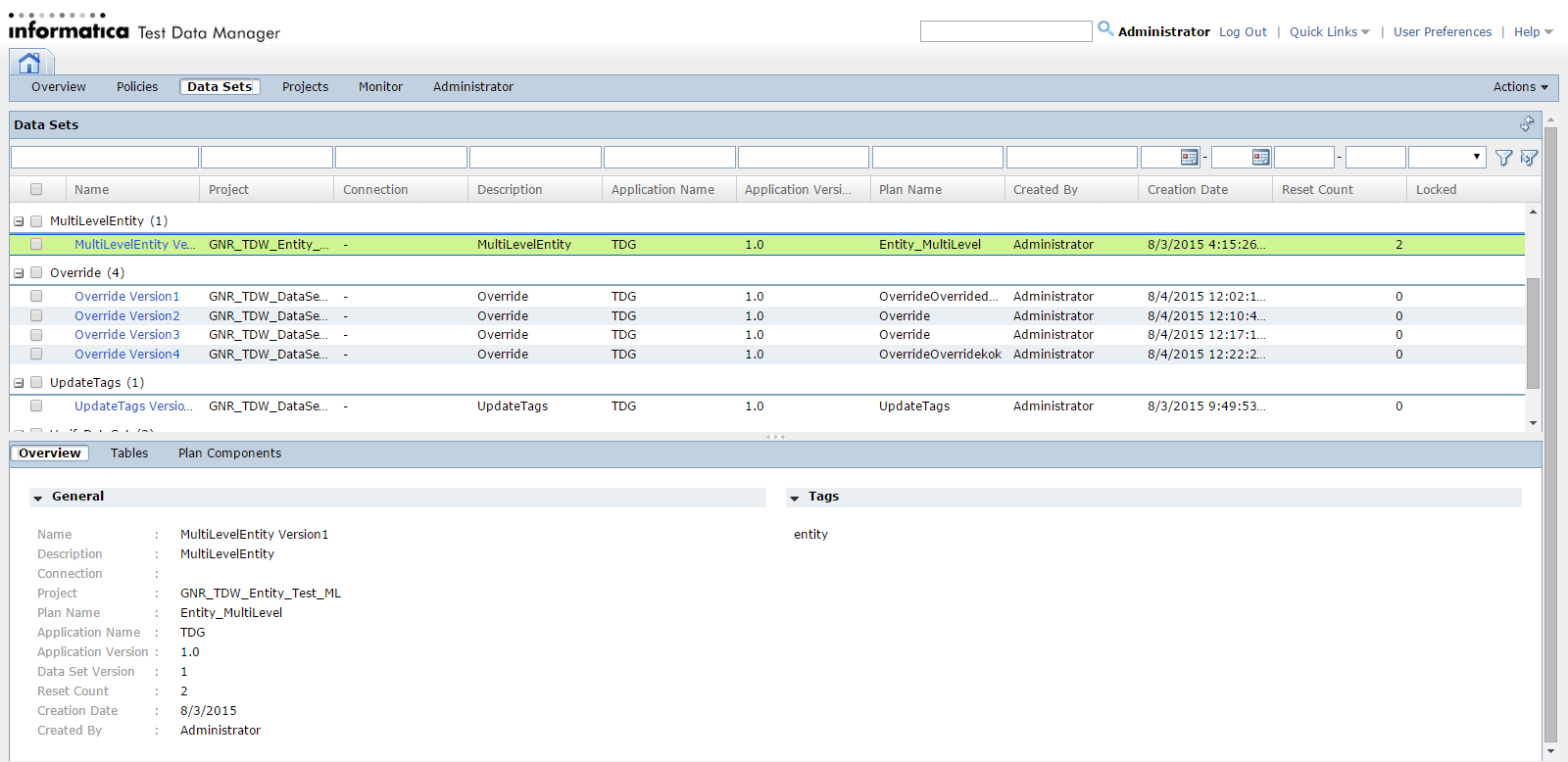 The Datasets view contains a list of the data set versions that you store in the test data mart. The Overview tab lists the general properties of the selected data set version.