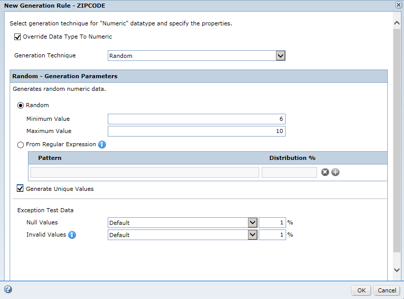 The New Generation Rule dialog box displays the random numeric data generation paramaters to generate zip codes.