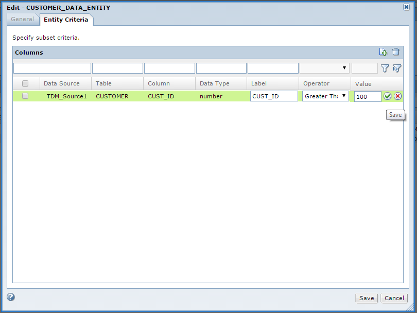 The Entity Criteria tab contains a list of operators and fields for values and labels to create the filter criteria.