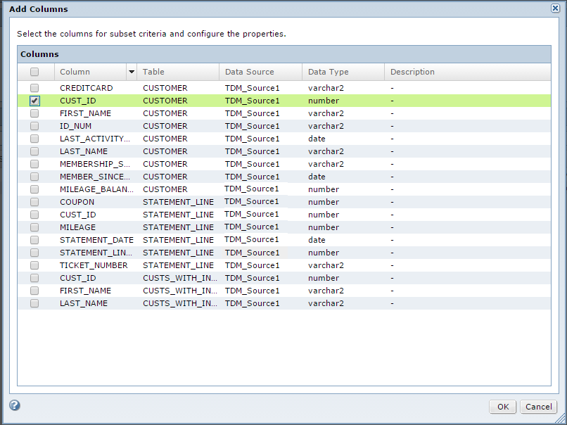 The Add Columns dialog box contains a list of columns with the table names and related data.