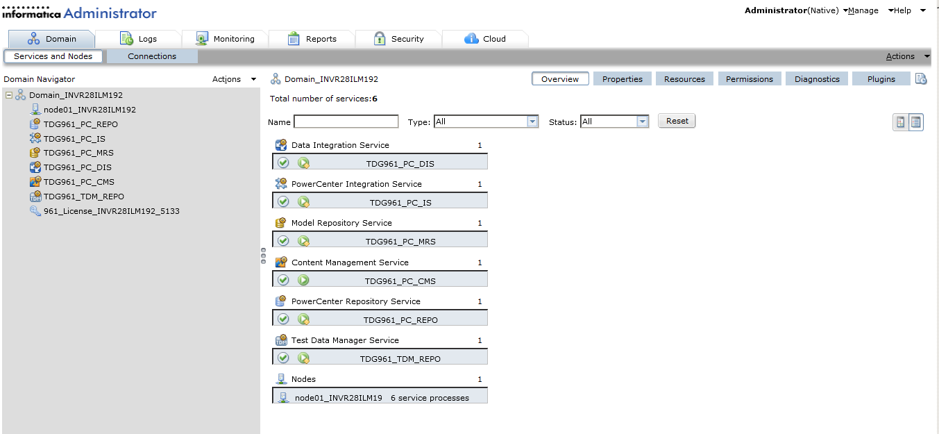 The Administrator tool displays the following views: Domain, Logs, Monitoring, Reports, Security, and Cloud. The Domain view shows Services and Nodes and Connections tabs.
