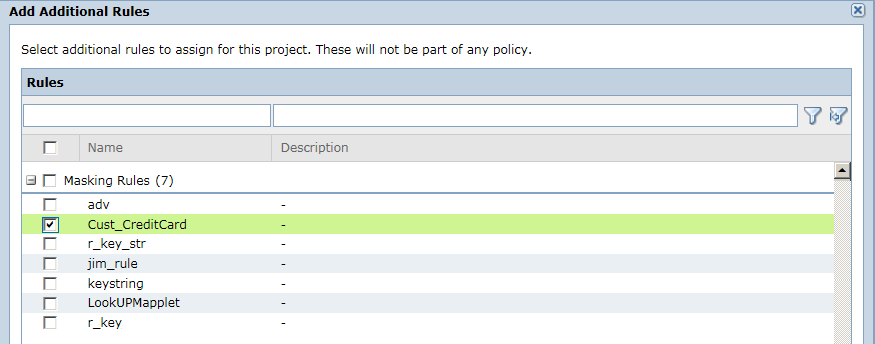 The Add Additional Rules dialog box shows a list of rules that you created in Test Data Manager. The Cust_CreditCard masking rule is selected on the screen.