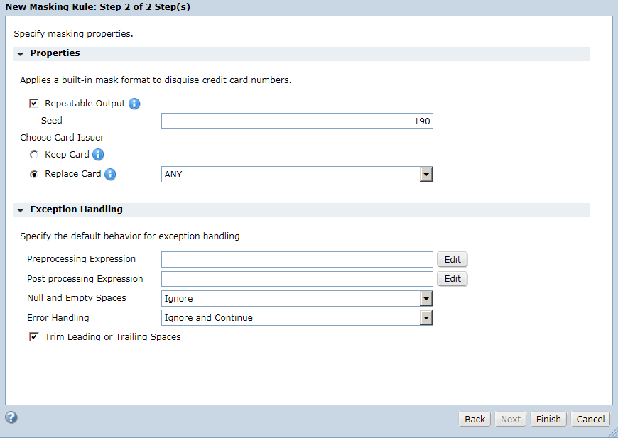 The New Masking Rule dialog box displays masking properties and exception handling parameters.