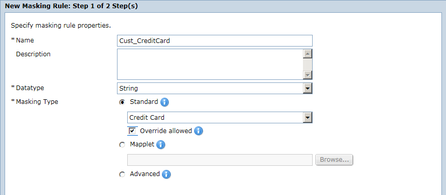 The New Masking Rule dialog box displays the masking properties that you entered in the task.