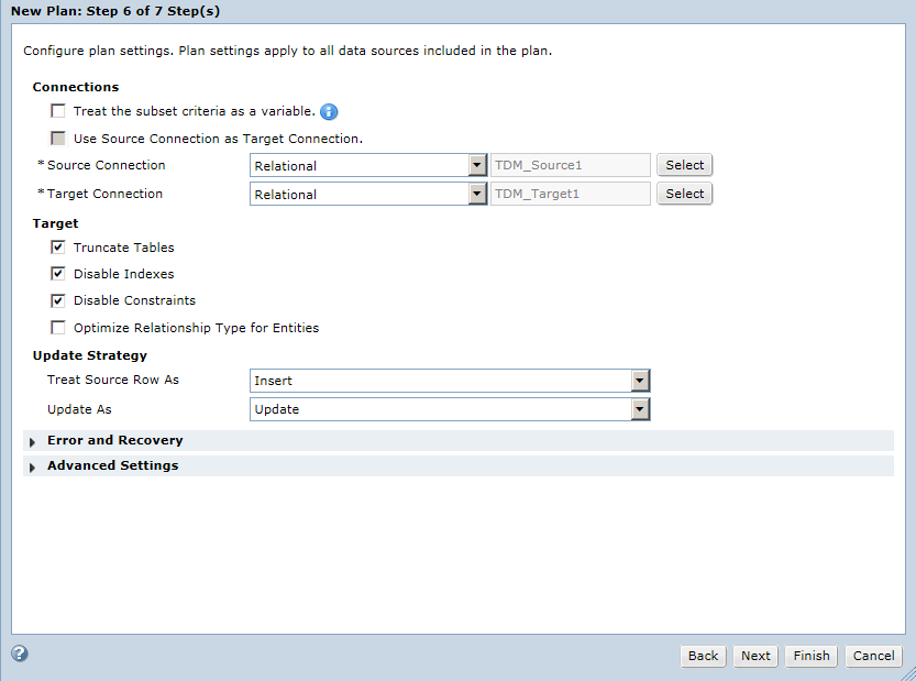 The New Plan dialog box displays the plan settings that you can configure to perform the data subset and the data masking operations. The plan settings include source and target connection details, target properties, update strategies, error and recovery settings, and advanced settings.