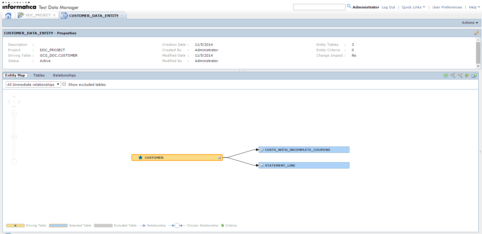 The entity page contains a properties tab. It has separate tabs to view the entity as a map, to view the tables and view the relationships.