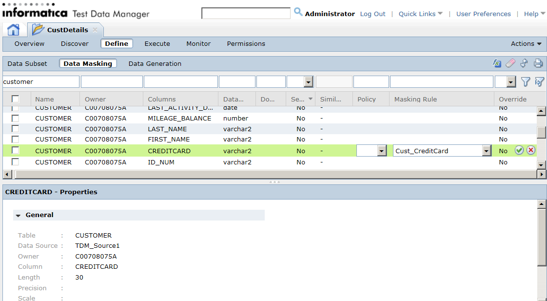 The project window shows the Define | Data Masking view. The Cust_CreditCard rule that you created is assigned to the CREDITCARD column.