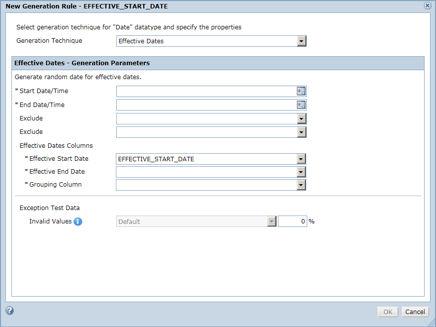 The effective dates parameters are start date and time, end date and time, exclude, null values, and invalid values.